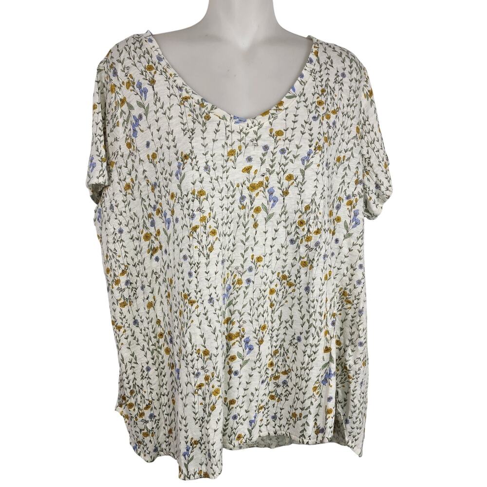 Rachel Zoe Women 100% LInen Top Cream Floral Boho Flowy Pullover Short Sleeve 1X